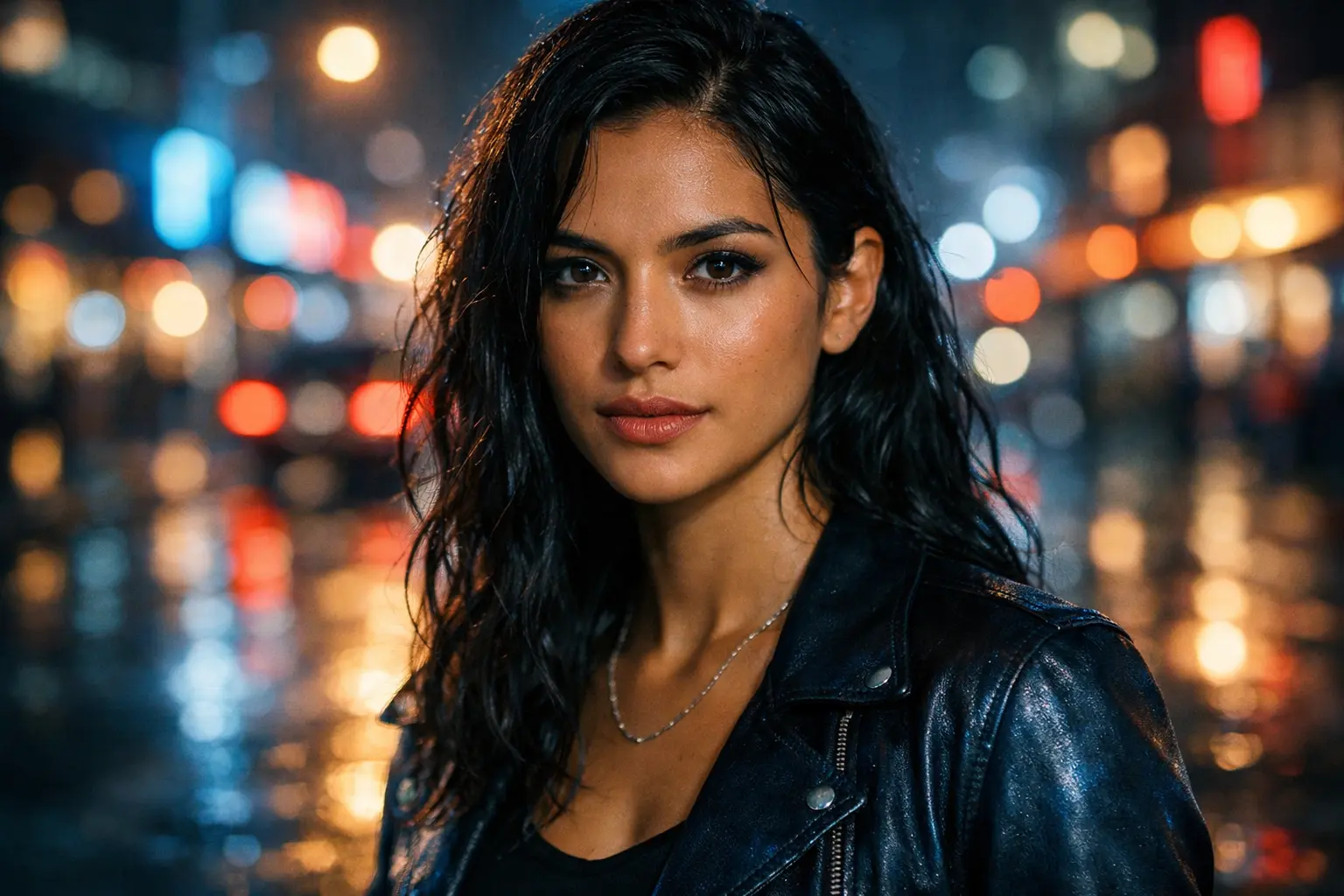 Cinematic Portrait of a Woman in Neon City Lights at Night