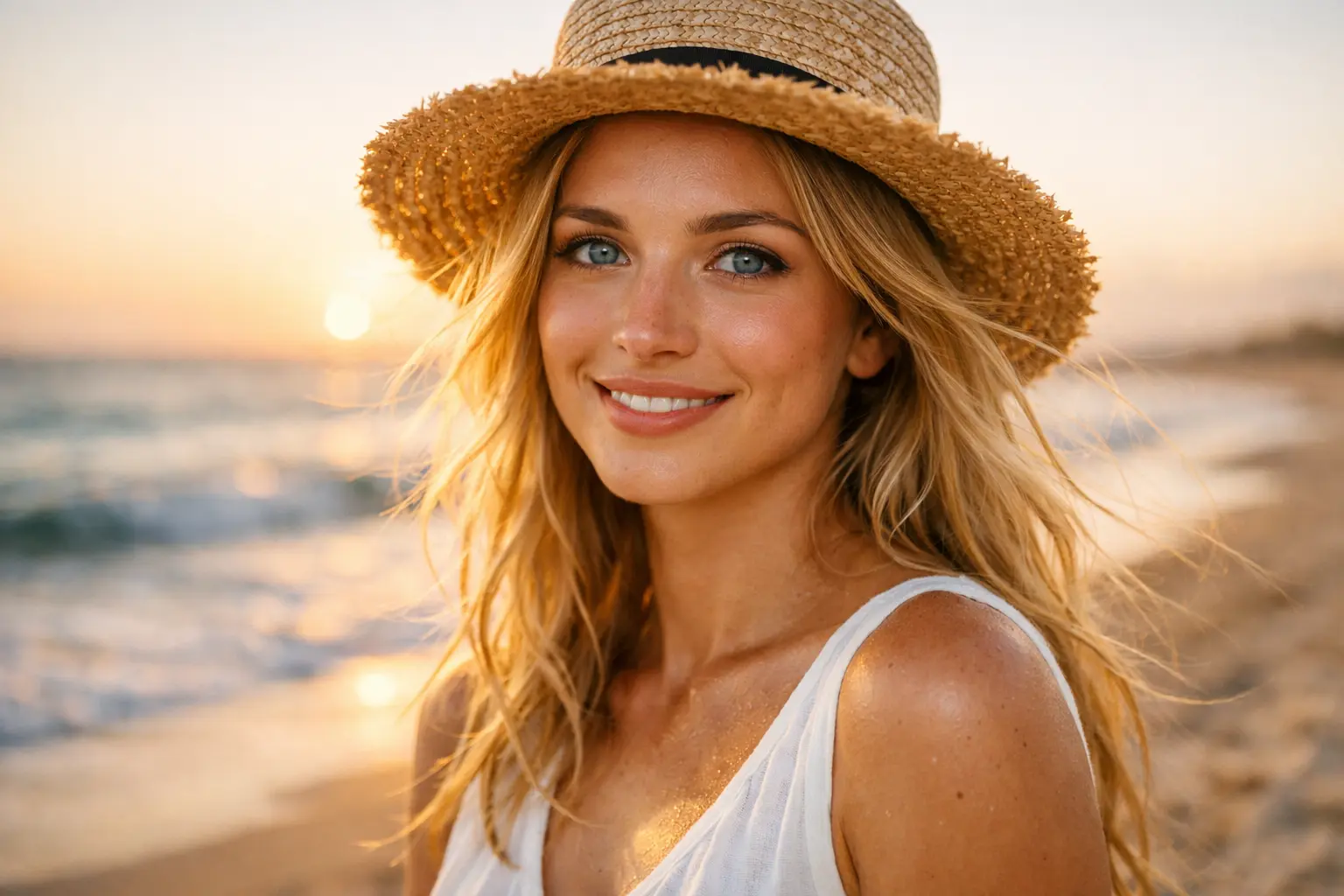 Sunset Beach Portrait of a Happy Young Woman