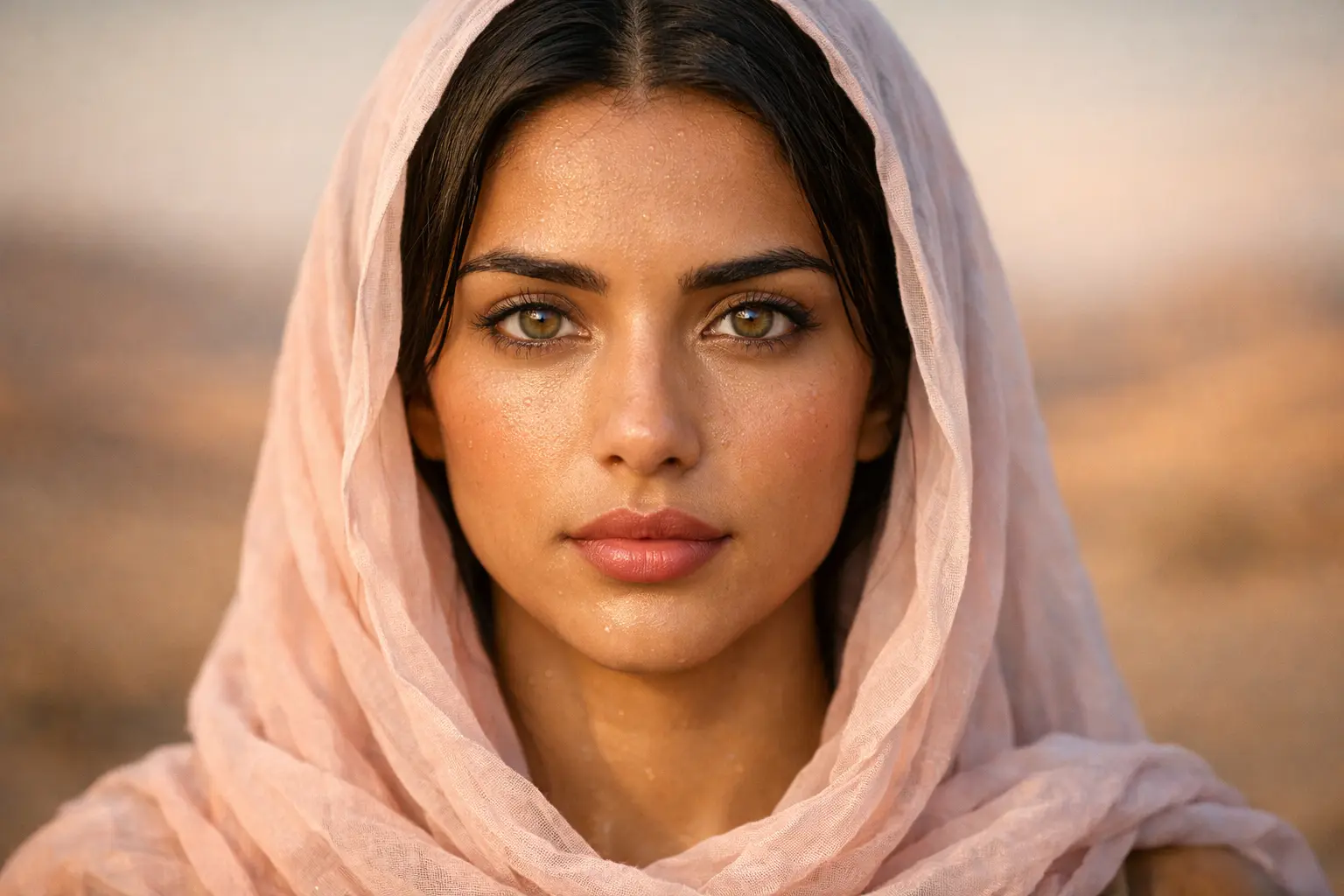 Young woman, blurred desert landscape